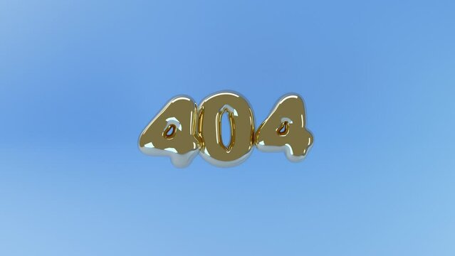 3D render of 404 numbers in the form of inflated golden foil balloons hanging in the air on blue background, 4K animated template for page not found error