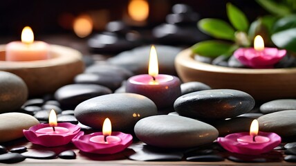 zen basalt stones and burning candles on the wooden  background.