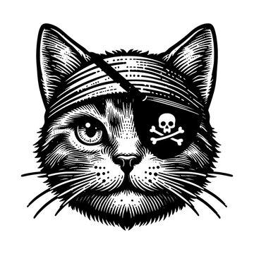 cat wearing pirate eye patch with a skull illustration