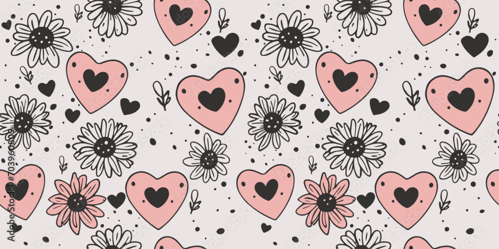 Poster seamless pattern of hearts and daisies. vector pattern for love cards. for printing on notebooks, pi