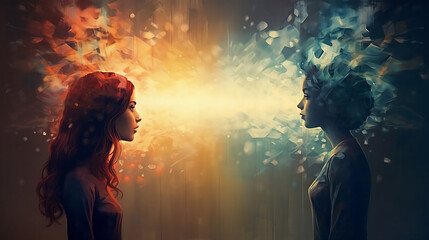 Two people communicate with thoughts without words. Telepathy.