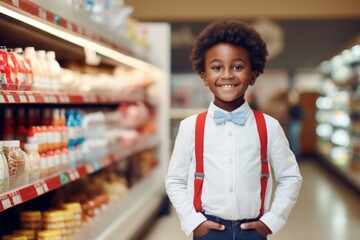 Fototapeta premium a happy african american child boy seller consultant on the background of shelves with products in the store