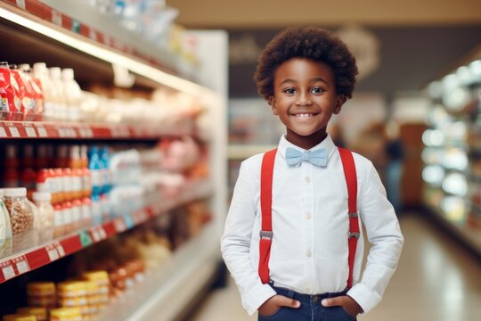 a happy african american child boy seller consultant on the background of shelves with products in the store