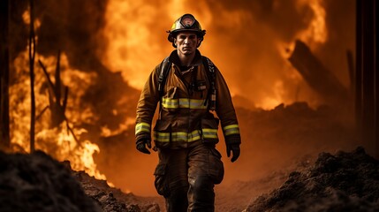 Portrait of fireman standing in front of burning forest with flames on background