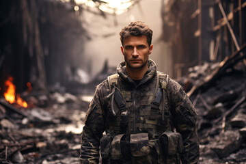 Military Man in a Destroyed Building - obrazy, fototapety, plakaty