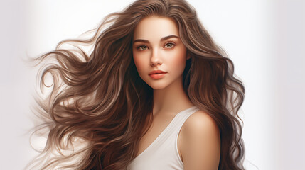 Fototapeta premium Portrait of a beautiful young teenager woman stylish long hair isolated on white background. 