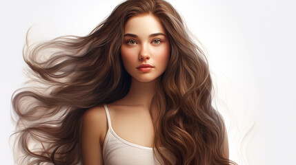 Fototapeta premium Portrait of a beautiful young teenager woman stylish long hair isolated on white background. 
