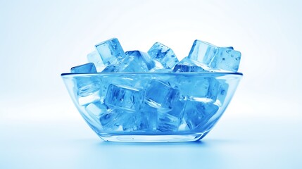 Ice cubes in glass bowl on blue background. Blue toned.