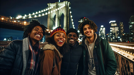 Diverse Friendships: Multicultural Group Takes Nighttime Selfies Near Brooklyn Bridge