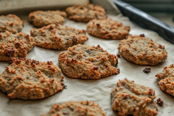 Fototapeta na wymiar delicious, crispy, brown freshly baked keto cookies on a baking tray