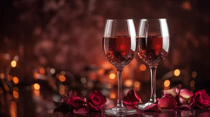 Fotobehang Valentines day background with pink champagne glasses and roses © Marinesea