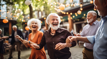 A joyous group of elderly people showing vitality while dancing, highlights companionship and active lifestyle in retirement