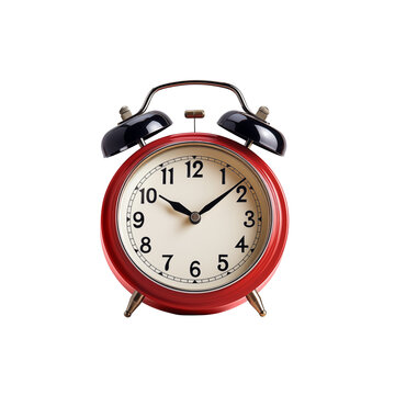 Red alarm clock in retro style isolated on a transparent background. PNG file.
