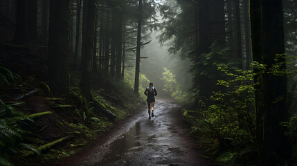 Obraz premium Female Athlete doing forest trail in the rain