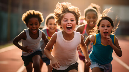 Group of little children filled with joy and energy running on athletic track at full pace - obrazy, fototapety, plakaty