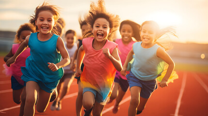 Group of little kids filled with joy and energy running on athletic track at full pace - obrazy, fototapety, plakaty