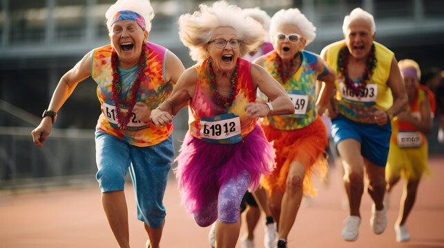 Group Of Elderly People Filled With Joy And Energy Running On Athletic Track