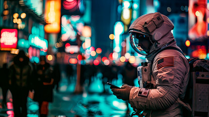 Fototapeta premium Urban Astronaut: Nighttime Exploration in New York, Astronaut Checking Phone with City Lights in the Background