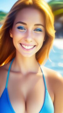 Beautiful woman in a colorful bikini in summer is smiling happily. Vertical video for smartphone screen generated by AI.