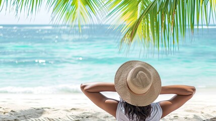 Fototapeta premium Rear view of a woman under a palm tree