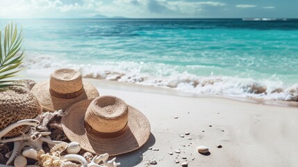 Fototapeta na wymiar Straw hats on sandy beach with turquoise sea