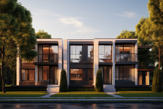 The tranquility of a modern area, a sleek, modular townhouse with a clean architectural exterior, embodying urban sophistication.