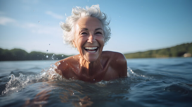 Smiling older woman swimming in lake