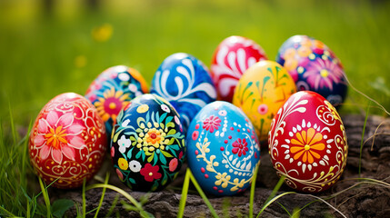 Fototapeta na wymiar Vibrant collection of Easter eggs ornately decorated with traditional floral patterns and own unique design in the grass, against lush green backdrop of spring meadow. Traditional Easter Egg Hunt