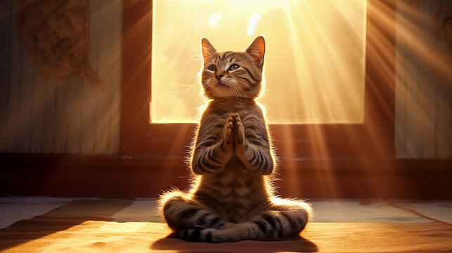 The cat sits in the lotus position and makes namaste with its paws.