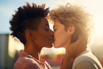 Beautiful scene of a two girls kissing each other at sunset. 