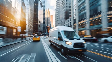 fast vans driving in the big, modern city.