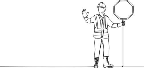 continuous single line drawing of female road worker with stop sign, line art vector illustration