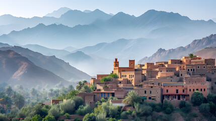 Obraz premium A photo of the Atlas Mountains, with traditional Berber villages as the background, during a clear morning