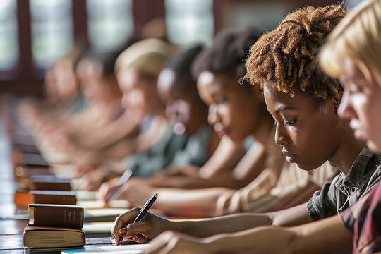 A Group Of Young Students Focused On Writing Notes In Their Classroom, Showing The Importance Of Education And Learning.