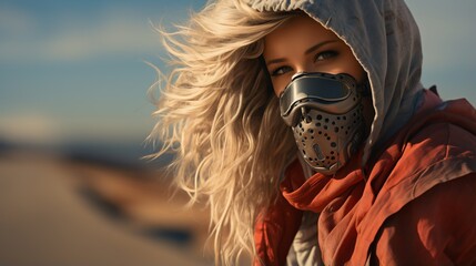 portrait of a blonde woman wearing a respirator