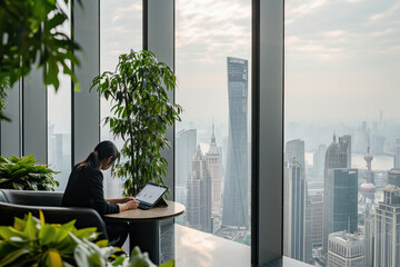 A professional businesswoman works on a tablet with a panoramic city view from a highrise office interior.