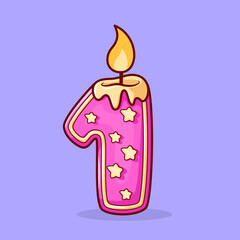 Vector cute Birthday candle in the form of the number one illustration cartoon doodle flat colorful line art vector design isolated object icon