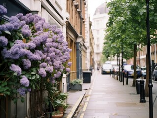Fototapeta na wymiar London street filled with many lilac bushes