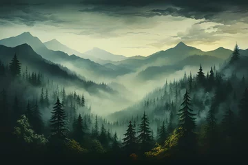 Gordijnen Misty landscape with fir forest in vintage retro style © Gonzalo
