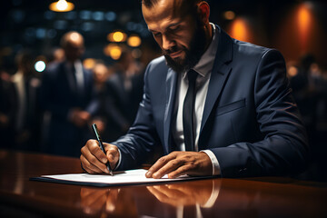 Businessman in a suit signs a contract for the purchase of a property - obrazy, fototapety, plakaty