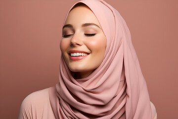 Horizontal shot of positive Muslim woman keeps eyes closed keeps hands on face smiles gladfully wears traditional hijab laughs at something funny isolated on pink background. Positive emotions concept