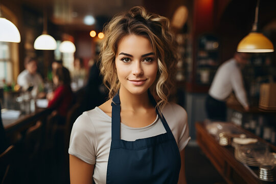 Portrait of waitress young woman wearing apron smiling and looking at camera, Attractive owner female working at cafe in restaurant coffee shop interior feeling creerful and happy
