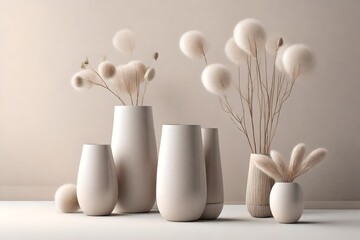 Modern beige ceramic vases with dry cotton branches on gray table near a white wall. Copy space.Minimal Scandinavian interior. Neutral trendy colors interior decoration . 3d render