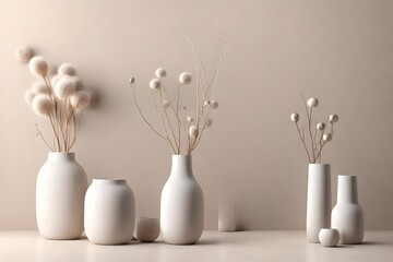 Modern beige ceramic vases with dry cotton branches on gray table near a white wall. Copy space.Minimal Scandinavian interior. Neutral trendy colors interior decoration . 3d render