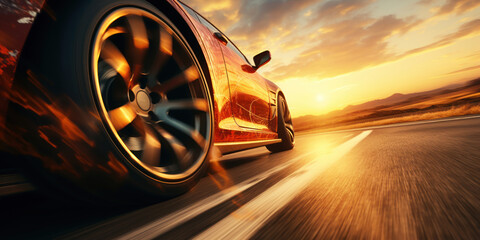 The dynamic scene of a car speeding along a highway, set against the backdrop of a fiery sunset