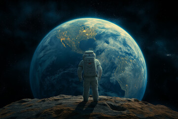 An astronaut standing on the moon and watching earth