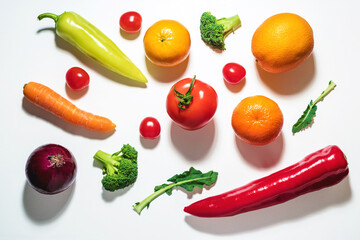 Assorted vegetables and fruits  on white background.  Flat lay.