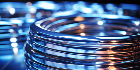 Shiny metal coils reflect light, arrayed orderly in a storage facility with a sleek appearance - obrazy, fototapety, plakaty