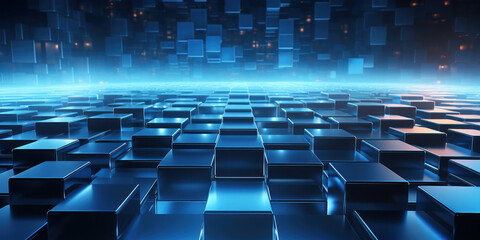 blue illuminated patterns emerge from a complex cube structure in a dimly lit, sci-fi setting
