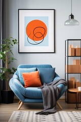 Blue room with orange and black painting and blue chair